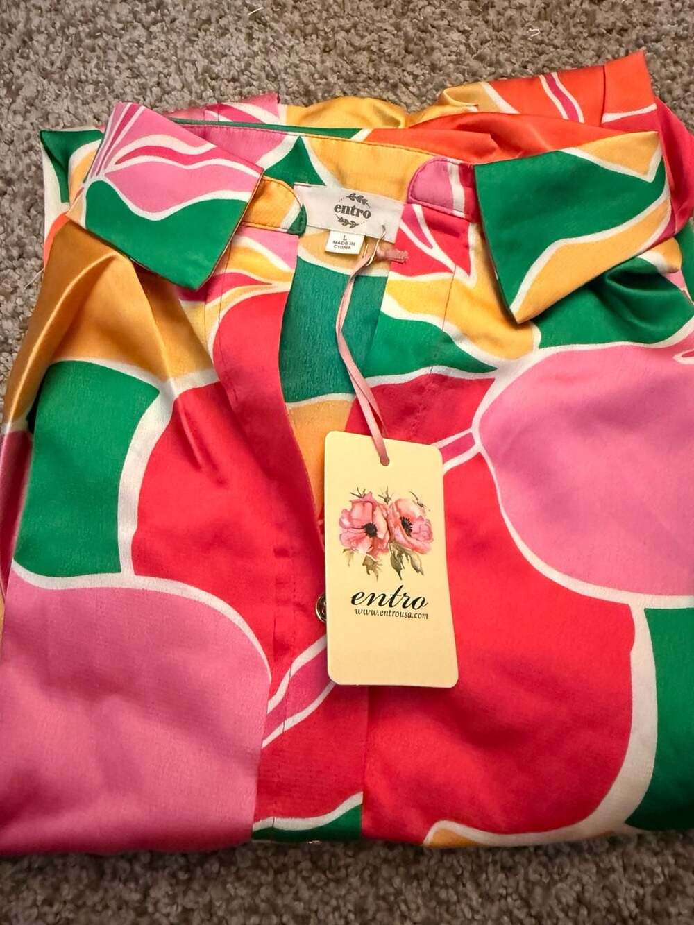 Entro Button Up Blouse Size L Multicolor Abstract Floral Satin Shirt
